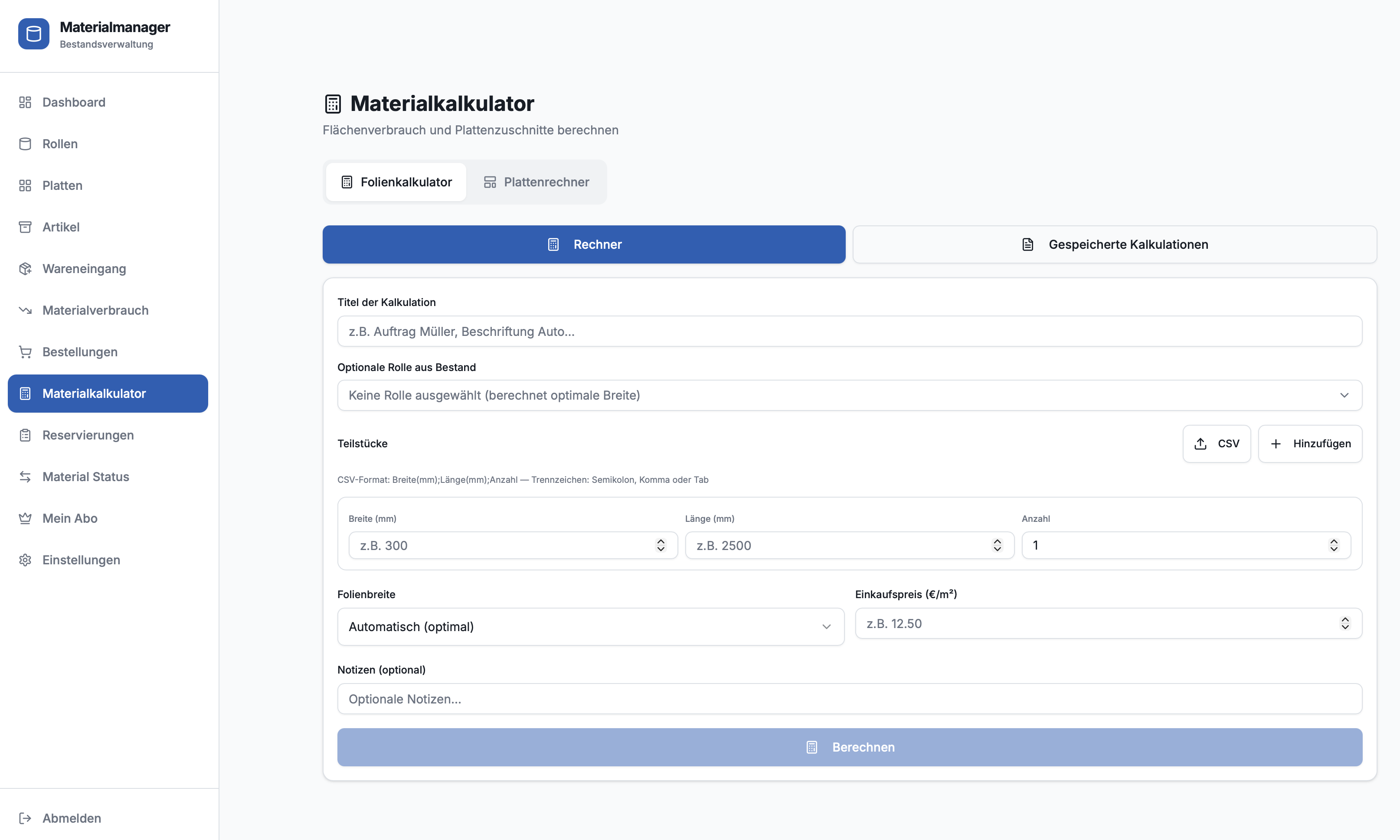 Materialkalkulator im Rollenmanager